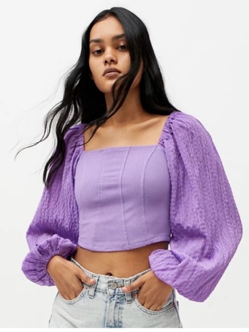 Urban Outfitters Lilac Puff-Sleeve Square-Neck Crop Top
